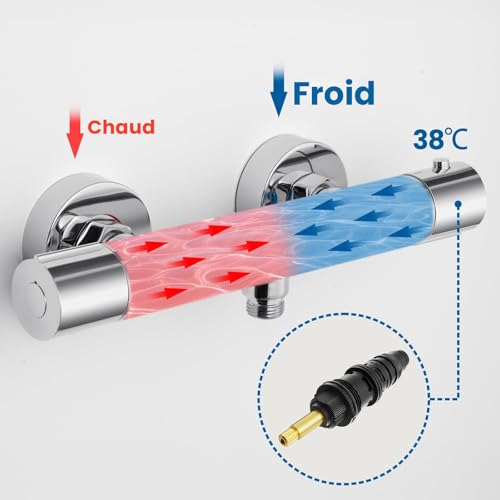 Auralum Thermostatic Shower Mixer Tap with 38°C Safe Button Anti-Scald Mixer Tap for Wall Shower Alloy, Temperature Control, Chrome