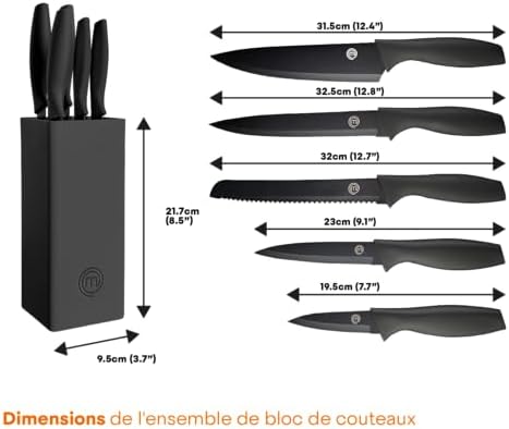 MasterChef Couteaux de Cuisine avec Bloc, Contient : Couteau d'Office Universel, Couteau à Viande et Pain, Couteau de Chef, Acier Inoxydable, Manche Ergonomique, Noir, Toucher Doux