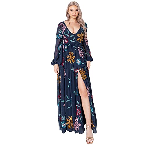 Maya Deluxe Womens Ladies Maxi Dress with Slit Long Sleeve Bishop V Neckline Floral Embellishment for Special Occasions Prom Ball Vestito, Navy, 38 Donna