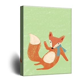 Cute Cartoon Animals A Red Fox on Green...