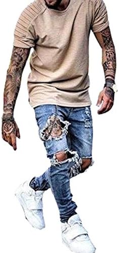 Men's Blue Ripped Distressed Destroyed Zipper Skinny Slim Fit Jeans with Knee Rips W32