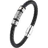 HAQUIL Elegant Braided Black Leather Bracelet with Viking Rune Bead & Stainless Steel Clasp | Unisex, Stylish