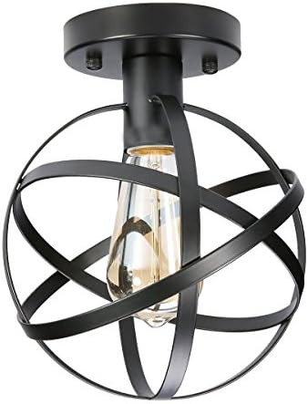 1-Light Metal Globe Chandelier with Cage Flush Mount Ceiling Lamp Light Fixture Fixture Antique Retro E26 , Black