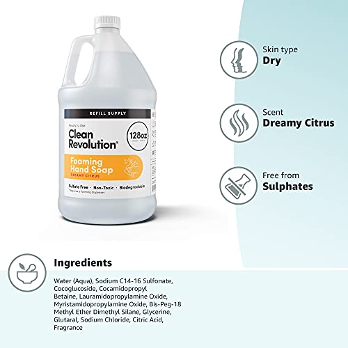 CLEAN REVOLUTION FOAMING HAND SOAP REFILL SUPPLY CONTAINER, READY TO USE FORMULA, DREAMY CITRUS FRAGRANCE, GLUTEN FREE, 128 FL. OZ