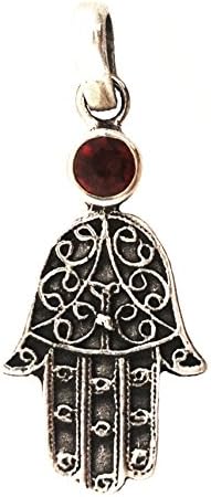Hamsa Hand Pendant with Healing Stone Sterling Silver (Garnet)