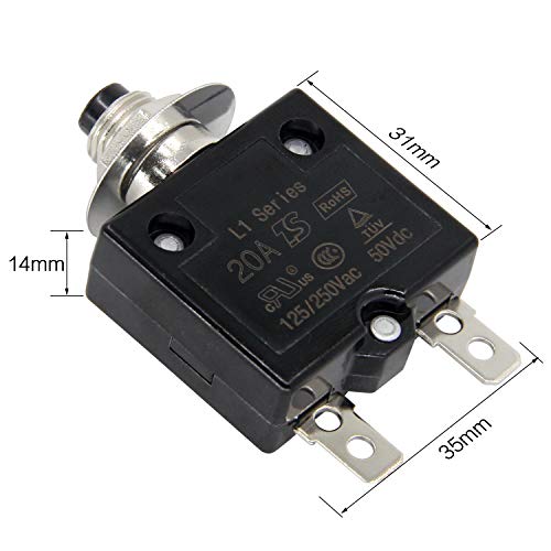 RKURCK 125-250V AC 50V DC Push Button Circuit Breaker 20Amp Thermal Overload Protector L1 Series Manual Reset Thermal Circuit Breaker 20A - Thumbnail 3