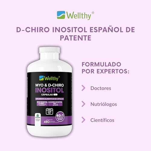 Wellthy Myo & D-Chiro Inositol 480 Cápsulas. Mezcla Óptima 40:1, 2400mg Myo Inositol y 60mg D-Chiro Inositol, Ingredientes 100% Naturales, 4 Meses de Consumo, Gluten Free, Sugar Free, Vegan.