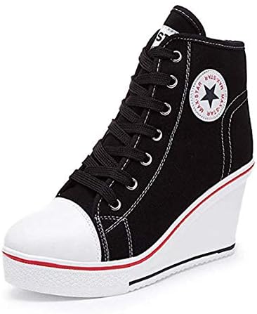 XPJY Women's Wedge Trainers Canvas Shoes Platforms High Top Ankle Boots Sneakers Side Zipper Lace up Pump Sport Shoes