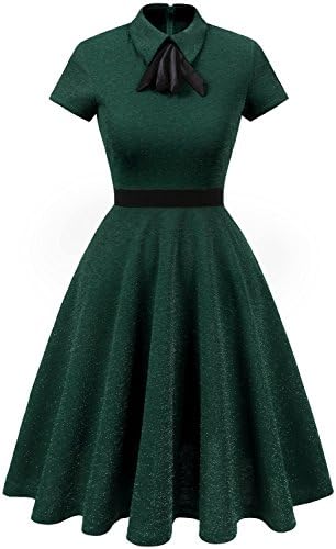 IVNIS RS90046 Women's Vintage Peter Pan Collar Short Sleeve Sparkly Cocktail Party Dress Dark Green M