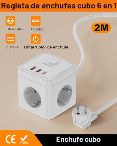 Cube Power Strip Sockets with USB, 3 Outlets AC & USB C PD 20W, Cable 2M White | Thief Sockets With USB, Compact Cube, Little Space, Switch, Perfect Desktop Home