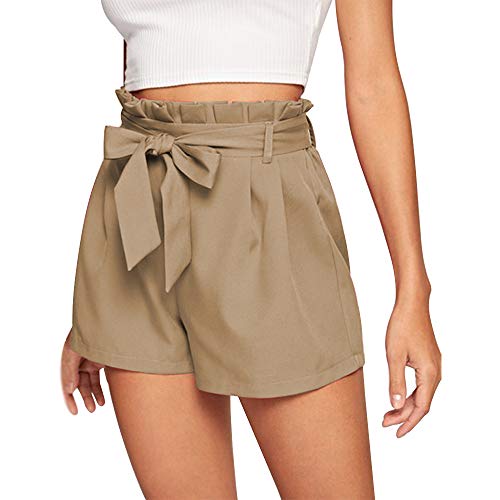 NEWFANGLE Women\'s Casual Paper Bag Shorts Elastic Tie Waist with Pocket Comfy Summer Shorts for Women,Khaki,XXL
