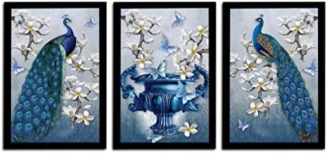 Painting Mantra Peacock Theme Framed Printed Set of 3 Wall Art Print -13.5 X 19.5 Inchs