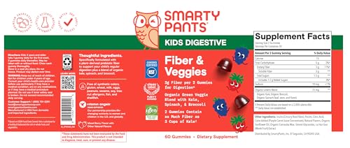 SMARTYPANTS KIDS FIBER & VEGGIES: PREBIOTIC FIBER GUMMIES FOR KIDS, FIBER SUPPLEMENT WITH INULIN, ORGANIC GREEN VEGGIE BLEND, VEGAN, GLUTEN FREE, MIXED BERRY FLAVOR, 60 COUNT (30 DAY SUPPLY)