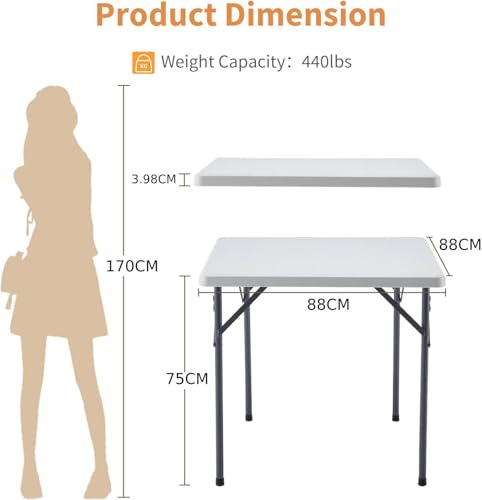 MOMENT Square Plastic Folding Table 88×88×75cm, Portable Foldable Lightweight Table HDPE Desktop with Steel Legs for Indoor Outdoor Camping Garden Picnic BBQ Party (White)