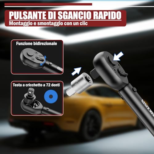 Torque Wrench 1/2" 20-230 Nm - 6 Pieces Car Torque Wrench 72 Teeth Ratchet with Extension Bar & Adapter 1/2" to 3/8" & Sockets 17mm/19mm/21mm for Car, Motorcycle, Tire Change