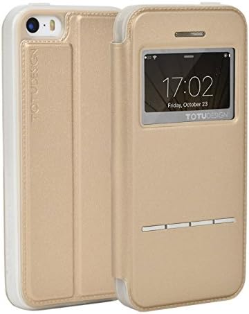 Slide to Answer Case iPhone5/5S/5SE Case, Chaldean Premium PU Leather Flip Case for iPhone 5s Gold