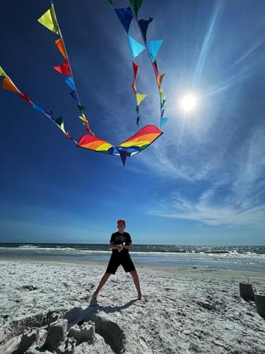 HONBO Large Delta Kite for Kids & Adults,Extremely Easy to Fly Kite for Beach Trip,String Line Included,with Colorful Tail,Perfect for Beginners