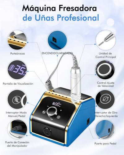 CozyZen Professional Electric Nail Drill Machine, 35000RPM with LCD Display, Manual/Pedal Control and Quiet Operation, for Acrylic/Gel Nails - Home & Salon Use (Blue)