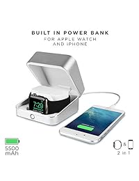 Apple cargador de reloj funda [iWatch cargador y iphone Power Bank] sumato Watchbox caja de viaje, mesita de noche de computadora, Estación de carga para iWatch 1, 2, 3   Certificado MFI, 5000 mAh, cable de reloj integrado, Plateado