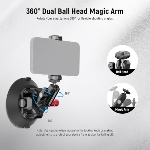 NEEWER 4.5"" Suction Cup Camera Mount with Ball Head Magic Arm, 1/4"" 3/8"" ARRI Holes, Quick Release Car Mount with Holder & Action Cam Adapter Compatible with DJI Insta360, CA105