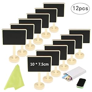 KAKOO 12pcs Pizarra pequeña Vertical Nombre de Mini Pizarra de Madera con Tiza y borrar para mostrador de Precio, candybar de Mesa de Boda, Planta de Nombre