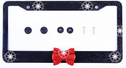 Tokept Black Bling Rhinestones License Plate Frame for Women DIY Red Bow with 2 Hole(Pack of 1)