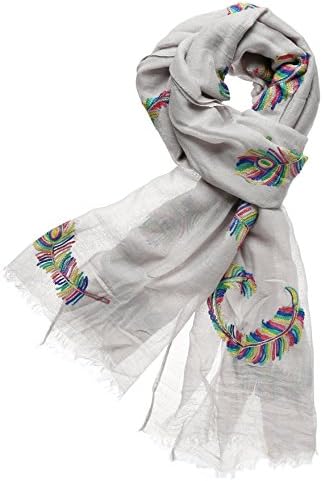 Women's Premium Collection Sheer Soft Embroidered Cotton Scarf (Feather, Grey)