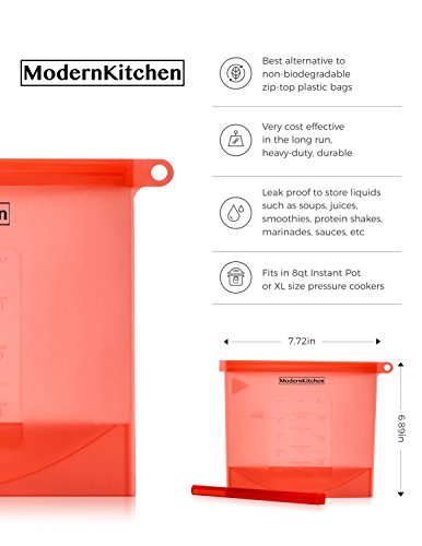 Premium Reusable Silicone Food Storage Bags with Slider - Fits Instant Pot, Accessories 8qt - Safe to Steam, Heat, Boil, Freeze, Sous Vide Cooking, Non-BPA - Perfect Containers, Kitchen Gadgets-4Pack