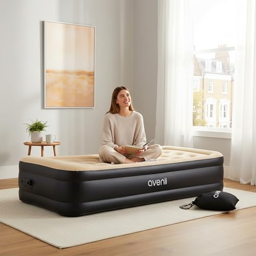 AVENLI Matelas Gonflable 1 Place 196x97x47 cm, Lit Gonflable Autogonflant 1 Personne avec Pompe Électrique Intégrée, Matelas pour Camping & Lit d'Appoint, Coil-Beam, Beige