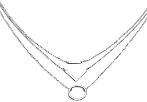 Triple Strand Silver Tone Geometric Necklace