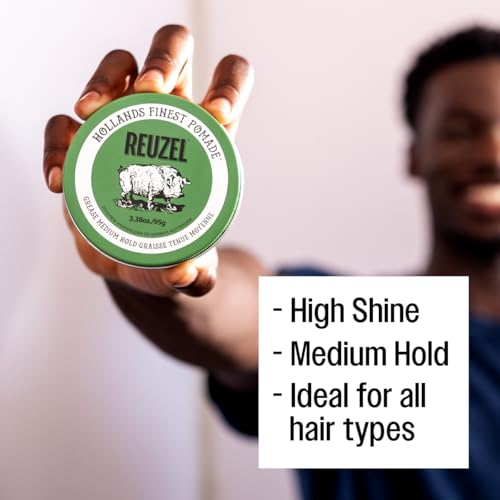 REUZEL Green Grease Pomade, Medium All Day Hold, Oil-Based Styling Wax, Medium Shine, Easy To Wash Out, For All Hair Types