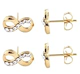 2 Pairs of Solid Metallic Goldtone with Clear Half Iced Out Infinity Symbol Stud Earrings