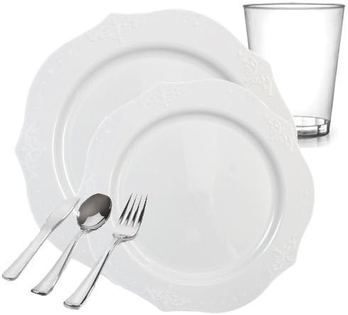 Posh Party Supplies | Antique White Embroidered Plastic Tableware Packagefor 20 Guests | Dinner & Dessert Plates, Plastic Tumblers & Plastic Silver Cutlery | 120 Piece Total