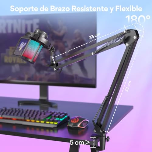MAONO Microfono USB para Gamer, micrófono Condensador con cancelación de Ruido, Silencio, Ganancia, monitoreo, Brazo para Streaming, Podcast, Youtube, PC, computadora, PS4,PS5, Mac, GamerWave, DGM20S