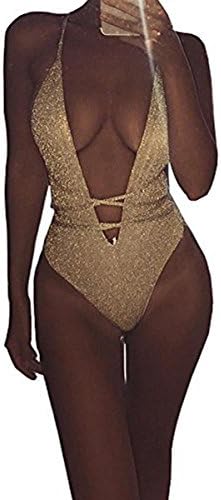 JUBILATE Women Halter Deep V Neck Gold High Cut One Piece Swimsuit Sexy Backless Bodysuit Lingerie Set (L)