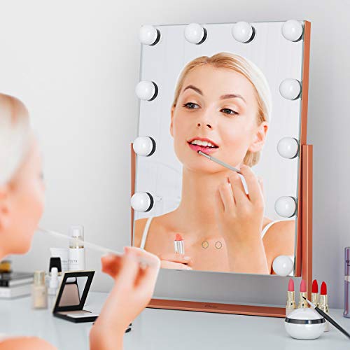 Ovonni Lighted Vanity Hollywood Makeup Mirror, Dimmable 360°Rotating Double-sided Tabletop Cosmetic Mirror with 12 LED Bulbs, Two Color Light Touch Control Memory Mode and Plug Powered, Rose gold