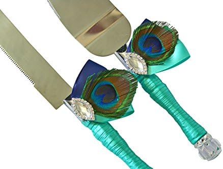 Peacock Wedding Rhinestone Cake Server &amp; Knife Set Bridal Shower Gift (Turquoise &amp; Navy Blue)