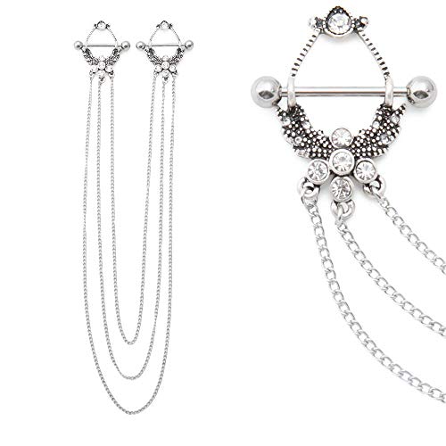 Painful Pleasures 14g 18mm Stainless Steel Nipple Barbells with Triple Chained Nipple Shields - Burnished Silver-Cast Brass Laurel Shield Design with Crystal Jewel