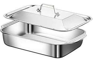 Stainless Steel Lasagna Pan 18x11 Inch with Lid, Commercial Grade 2mm Thick Baking Dish for Casserole Roast Bread, Deep 3 Inc