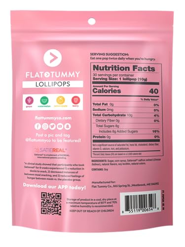 FLAT TUMMY LOLLIPOPS, PACK OF 30 – CRUSH CRAVINGS AND AVOID UNWANTED CALORIES – APPLE, GRAPE, WATERMELON & BERRY – DELICIOUS LOW CALORIE DIET CANDY – CLINICALLY PROVEN INGREDIENT
