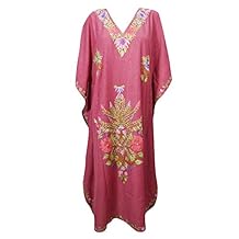 Mogul Interior Womens Caftan Maxi Dress Pink Embroidered Kaftan One Size