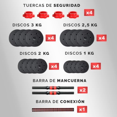 Juego de Mancuernas Ajustables 2 en 1-10kg 20kg 35kg - Kit de Pesas con Barra Recta Ajustable y Antideslizante - Pesas y Mancuernas Discos Recubiertos y Agarre Antideslizante - 20 kg