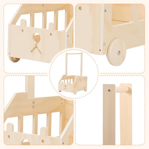 Wooden Baby Basket, Gift for Newborn Boy Girl, Baby Shower Basket, Bear Design, with Clothes Rack and Wheels, Decoration for Children's Room, Natural Colour