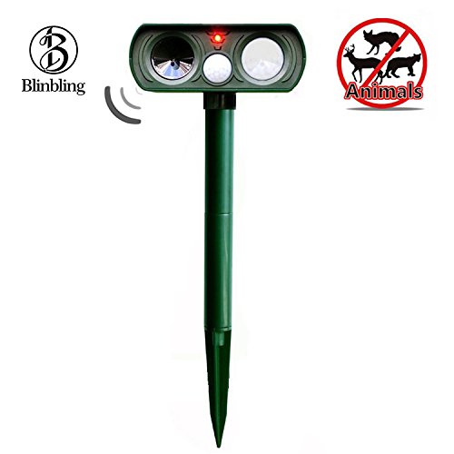 Solar Powered Ultrasonic Animal Repeller - Blinbling Outdoor Waterproof Animal Repellent Combine with and Flashing Light Sonic to Repel Cats, Dogs, Mice, Snakes, Foxes, Moles and Other Animals