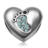 JMQJewelry Heart Birthstone Baby Love Footprints March Crystal Charm Beads for Bracelets