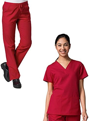 Red Panda V-Neck Two Pocket Top &amp; Half Elastic Pant Scrub Set (X-Small Tall, Red)
