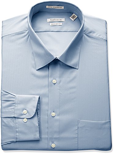 Van Heusen Men's Herringbone Regular Fit Solid Spread Collar Dress Shirt, Blue Cloud, 17