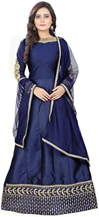 Queen of India Women's Taffeta Silk Embroidery Semi-Stitched Anarkali Gown (QUEEN lehenga V123 ASDZX, Blue, Free Size)