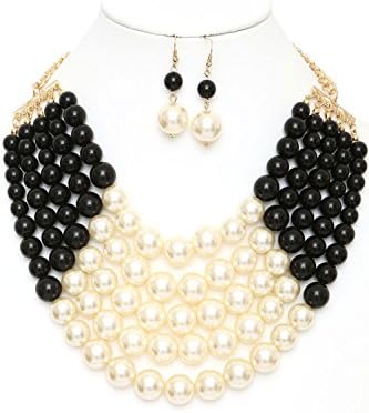 CN0175 WOMEN'S FASHIONABLE MULTI COLOR BLOCK PEARL NECKLACE AND EARRINGS SET (CREAM BLACK)