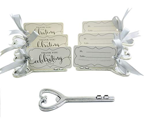 Aokbean 50pcs Multi Function Vintage Skeleton Key Bottle Opener Place Card Holders for Weddings Table Name Cards for Guest Souvenir French Ribbon Silver (Antique Silver) - Thumbnail 7